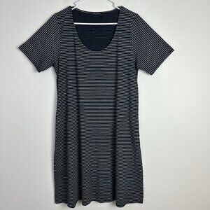 Fresh Produce Dress M Striped Pockets Trapeze Shift Loose Flowy Midi Black Gray‎